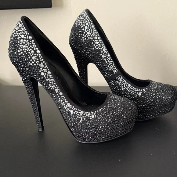 Aldo Black and Silver Embellished Heels - Picture 1 of 3